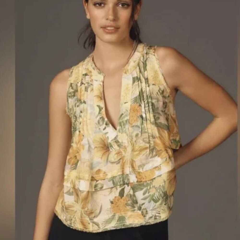 Anthropologie Pilcro Raw Edge Linen Floral Swing V neck tank Top Blouse NEW MED